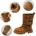 thumbnail image 6 of Girls Suede Riding Booties Fashion Western Buckle Straps Mid Calf Boots with Button Lug Sole Low Heel Fall Winter Ankle Boots Khaki 10 Little Kids, 6 of 6