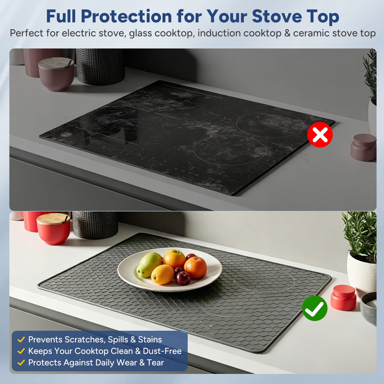 OVINESY Silicone Cooktop Protector for Electric & Induction Stoves, Heat-Resistant & Non-Slip Mat, Gray, Hexagonal Pattern, 28 x 20 Inches