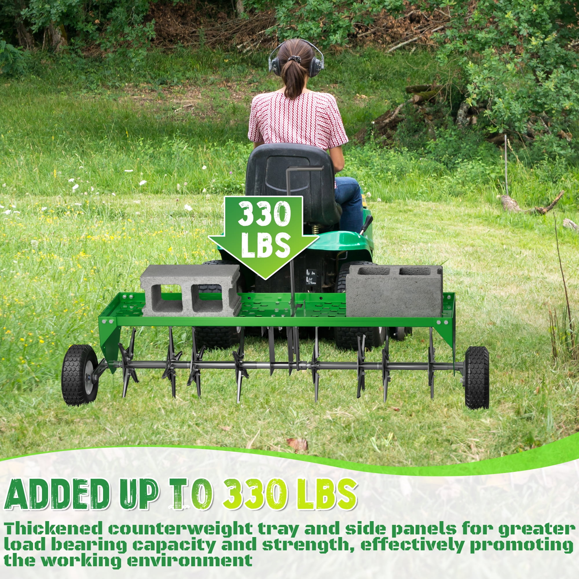 48" Tow Behind Lawn Plug Aerator with Universal Hich, Green Painted Galvanized Steel with Tray and Inflatable Wheels, Pull Behind Aerator for Garden, Farm and Lawn