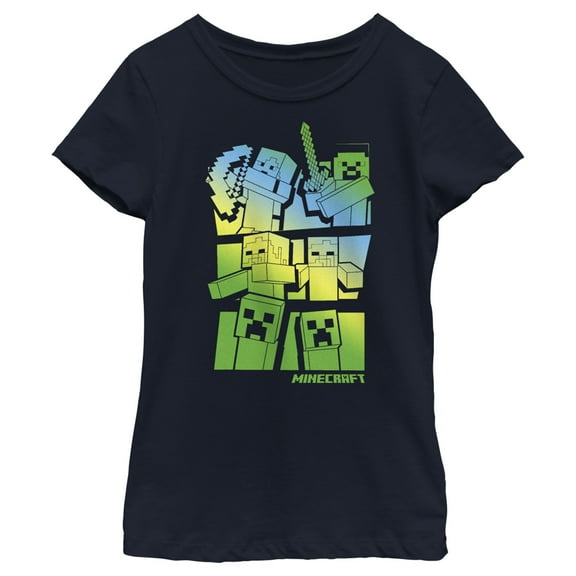 Girl's Minecraft Steve and Alex Vs. Mobs  Graphic Tee Navy Blue Small