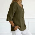 thumbnail image 5 of Leidass 3/4 Length Sleeve Womens Tops Cotton Linen V Neck T Shirts Summer Beach Casual Boho Three Quarter Sleeve Tops Army Green L, 5 of 7