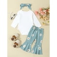 thumbnail image 3 of Suealasg Newborn Infant Girls Fall Outfits 3Pcs Baby Girls Clothes 3 6 12 18 Months Letter Print Crew Neck Long Sleeve Rompers Floral Flared Pants Headband Set, 3 of 7