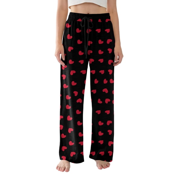 Women's Pajama Pants Lightweight Casual Comfy Palazzo Pants, Heart Print Sleepwear Loungewear Bottoms with Pockets,Black,L