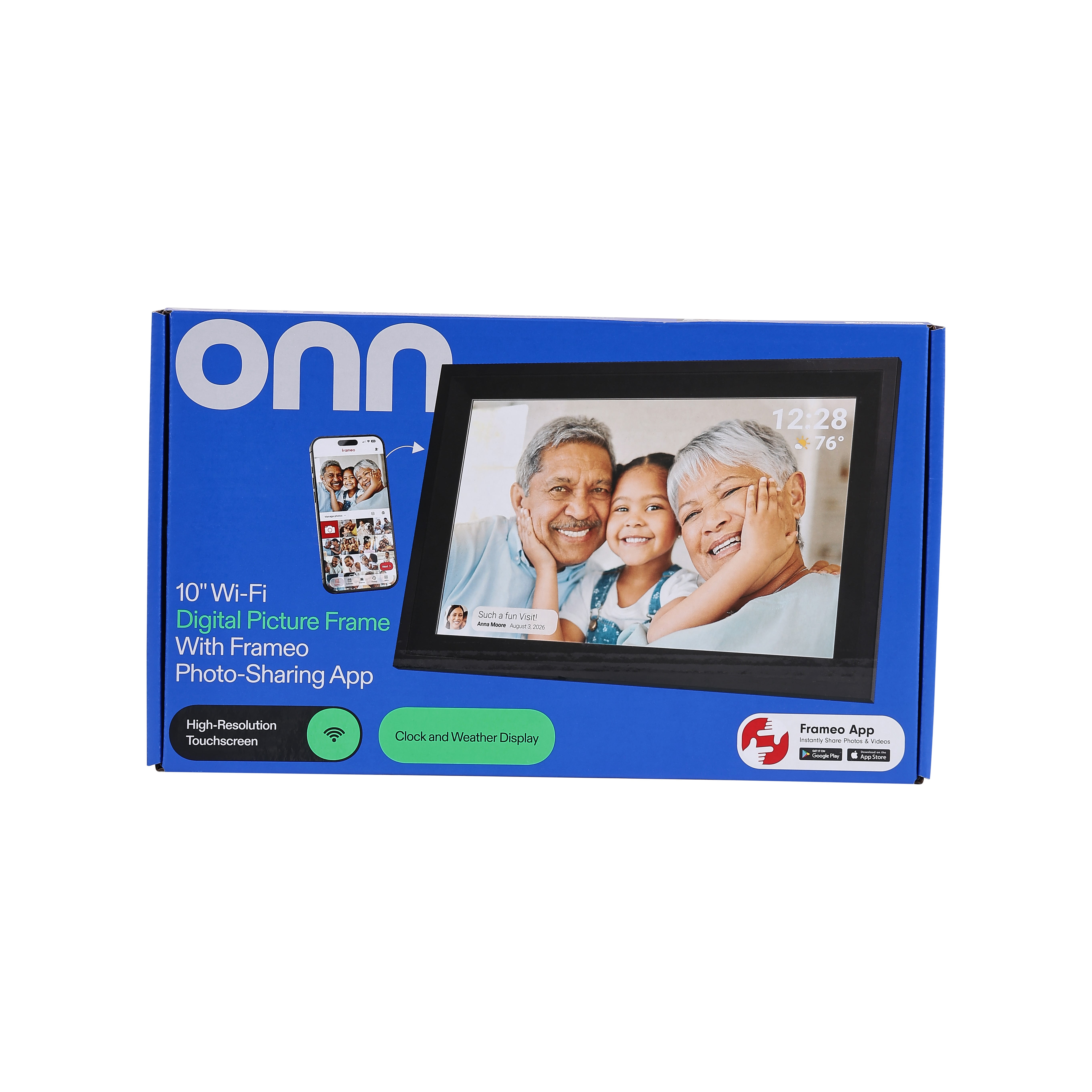 Onn 10.1" WiFi Digital Photo Frame with 16GB Storage, Frameo App, Android 11, Photo & Video Sharing, Ambient Lighting - Black