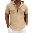 thumbnail image 2 of TAGOLD Mens Summer Short Sleeve Hooded Blouse Solid Color Linen Button Pocket Top, 2 of 4