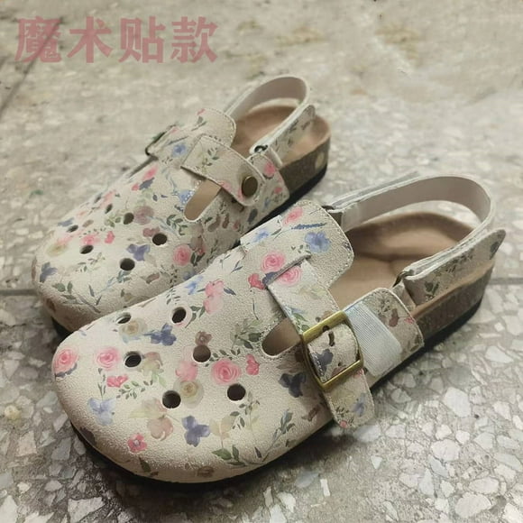 Careaymade-Summer new Genuine leather sandals hole shoes,exclusive suede cowhide print two on toe cork flat bottomed Boken shoes