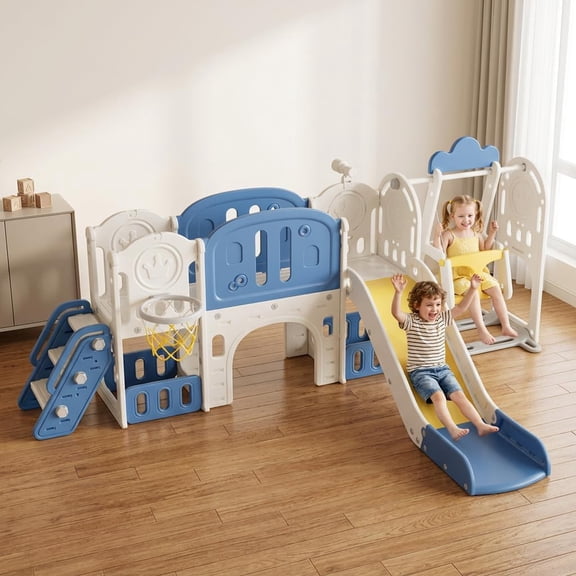 Toddler Slide and Swing Set, 11-in-1 Indoor Outdoor Playground Playset with Basketball Hoop and Climber, Blue/Yellow