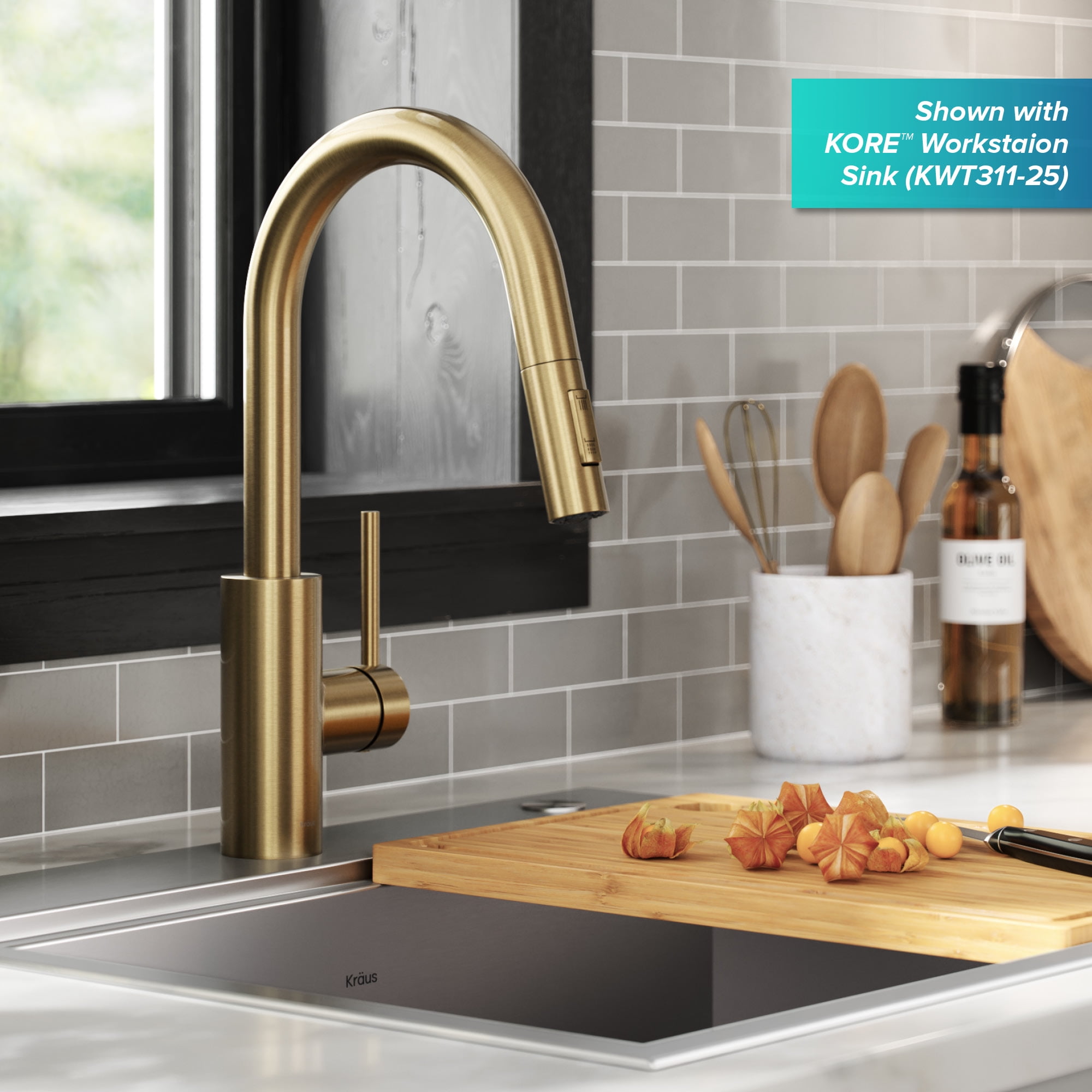 KRAUS Oletto Single Handle Pull Down Kitchen Faucet with QuickDock Top Mount Installation Assembly in Spot Free Antique Champagne Bronze