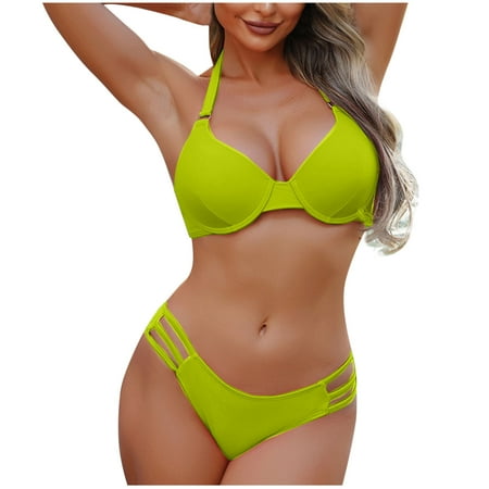 Bigersell Push up Swimsuits for Women Trendy Cut Out Bikini Bottoms Halter Swimsuits Padded T-Shirt Bra 2 Piece Bathing Suits Vacation Swimwear Yellow L