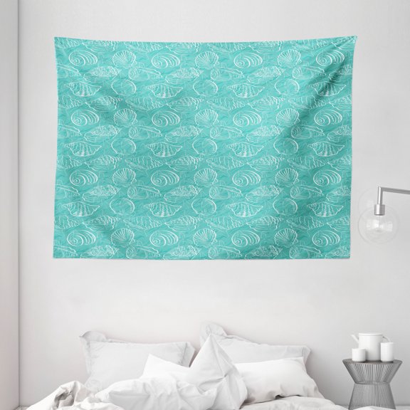 Sea Shells Tapestry, Doodle Style Marine Seashells Abstract Lined Background Sea Animals Pattern, Wall Hanging for Bedroom Living Room Dorm Decor, 80W X 60L Inches, Seafoam White, by Ambesonne