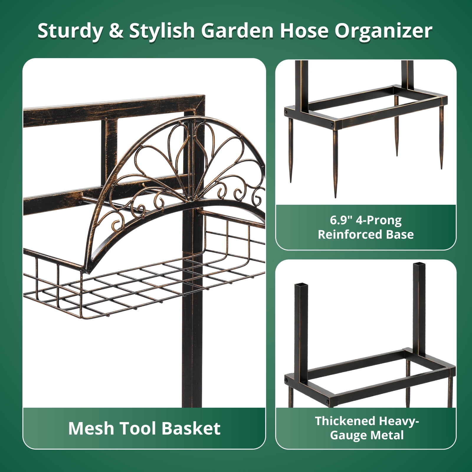 Heavy-Duty Freestanding Garden Hose Holder with Storage Basket