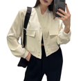 thumbnail image 2 of Women'S Cropped Varsity Jackets Long Sleeve Button Down Casual Coat with Pockets Outwear White S, 2 of 7