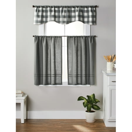 Better Homes & Gardens Checks N Solids Gingham Check Light Filtering Rod Pocket Kitchen Curtain Tier and Valance Set, 3 Piece, Gray, 60" x 36"