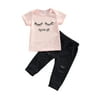 MERSARIPHY Baby Girls Clothes Set Letter Print T-shirt+Solid Color Ripped Jeans