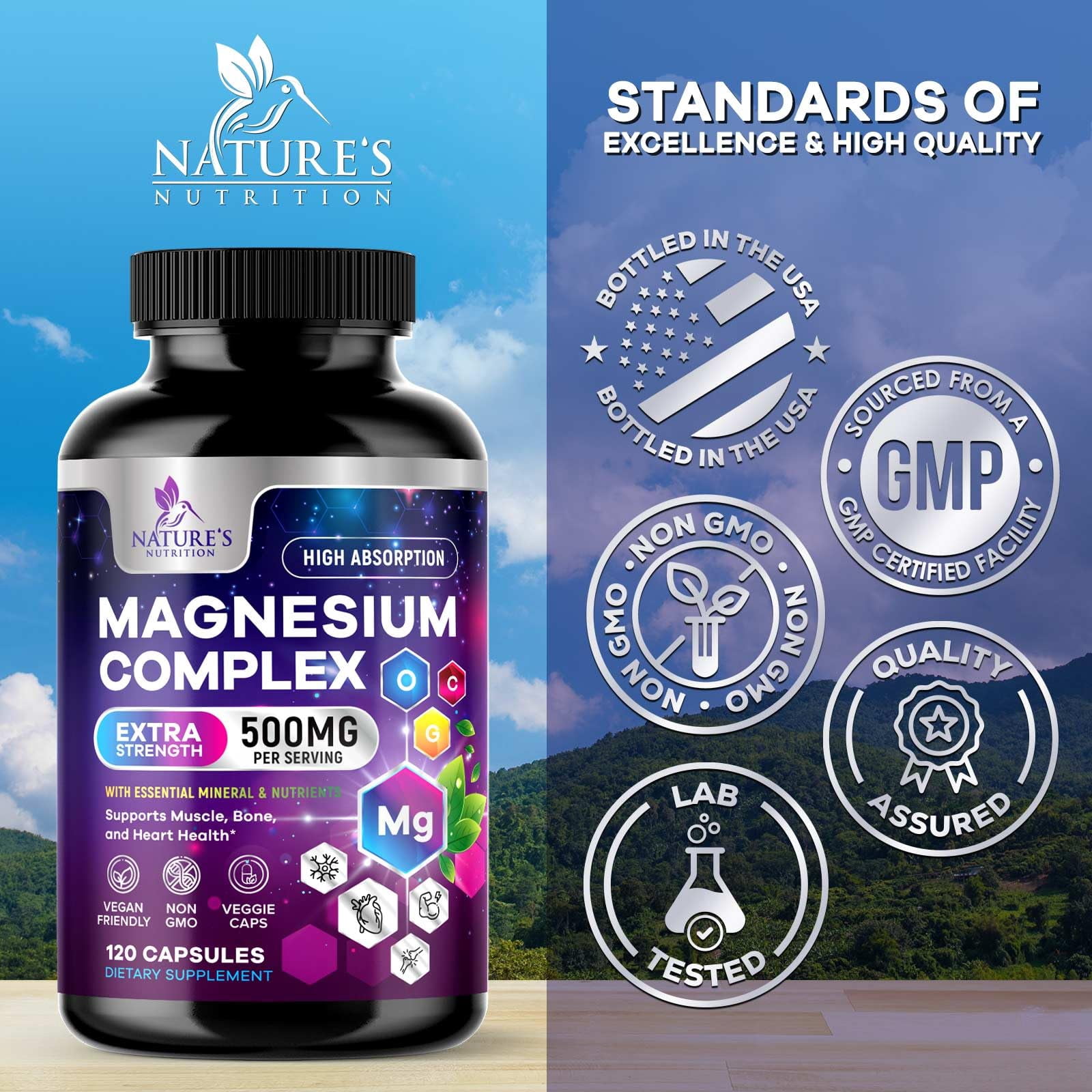 Magnesium Complex Supplement - Magnesium 500 mg Per Serving - 4 in 1 High Absorption Blend - 100% Chelated Magnesium Glycinate with Malate, Citrate & Oxide - Vegan Complex - USA Bottled, 120 Capsules