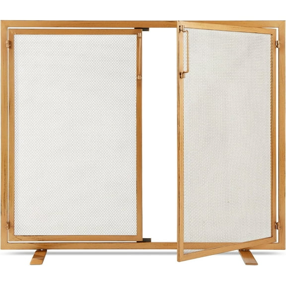 YESSW 38.5x31in 2-Door Fireplace Screen, Handcrafted Wrought Iron Decorative Mesh Geometric Fire Spark Guard w/Magnetic Panels - Gold