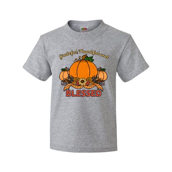 Inktastic Thankful Grateful and Blessed Pumpkins and Sunflower Youth T-Shirt