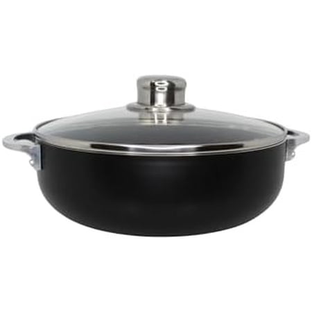 Small 3.2qt Bistro-Cera Aluminum Speckled Black Ceramic Caldero with Glass Lid, Black