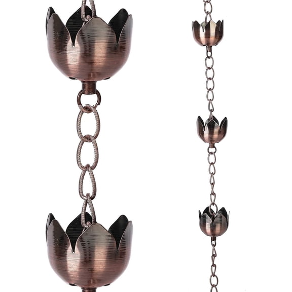 Topadorn Lotus Rain Chain, 72" Antique Copper Finish Metal Gutter Chain with 8 Flower Cups, Adjustable Rainwater Diverter for Outdoor Garden Decor