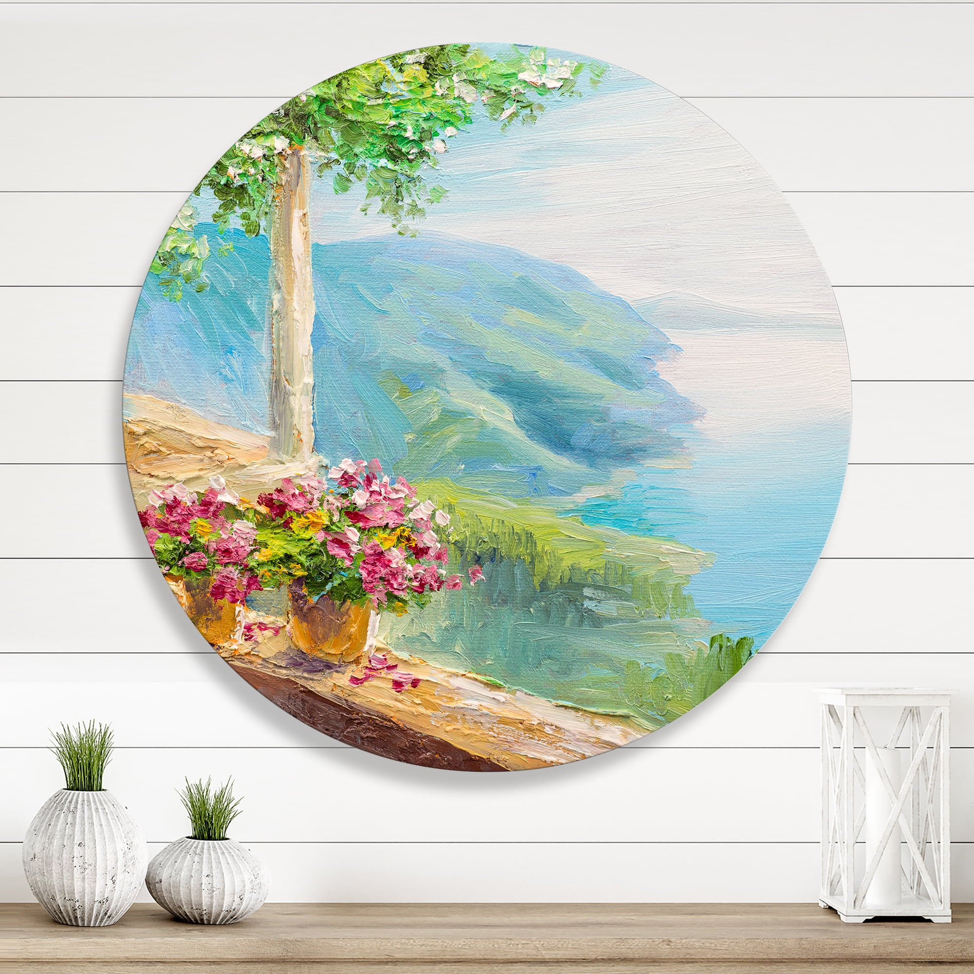 Designart 'House With Colorful Flowers Near The Sea V' Nautical & Coastal Circle Metal Wall Art 11x11 - Disc of 11
