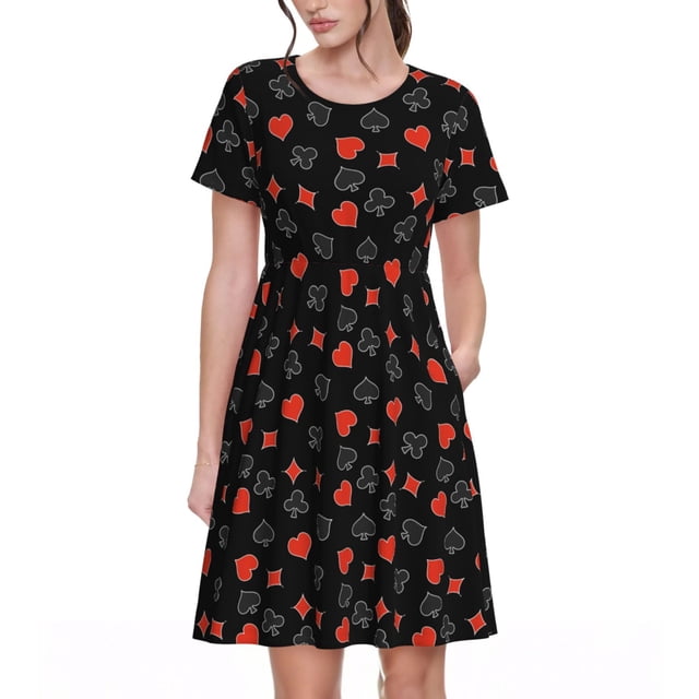 Easygdp Poker Creative Symbols para Vestido Transpirable de Mujer, Vestido Suelto de Manga Corta con Pliegues y Bolsillos para el Verano