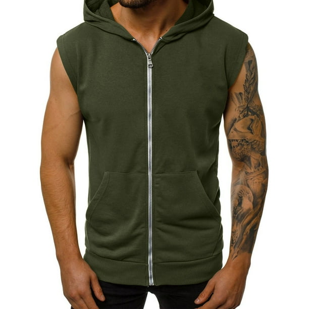 pstuiky Camiseta sin mangas para hombre, Top sin mangas con capucha, cremallera y bolsillos de color liso para hombre Camisas para hombres m