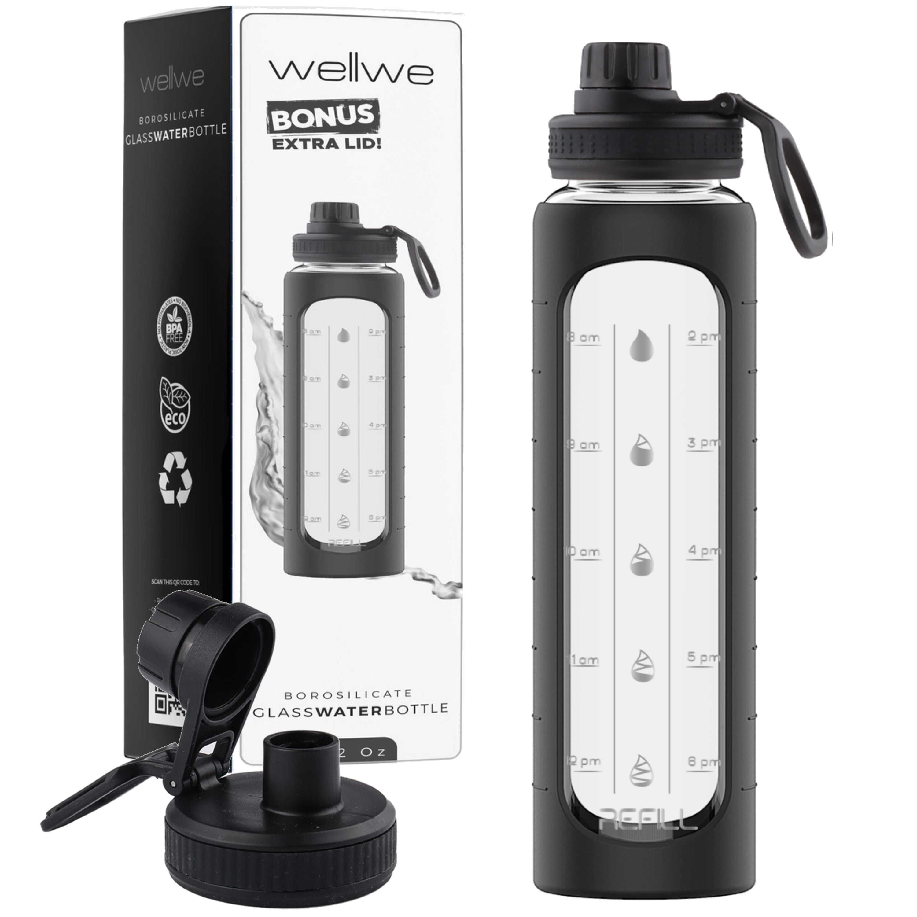 32 oz Glass Water Bottle with Time Marker Reminder and Silicone Sleeve (Black) Reusable, Wide