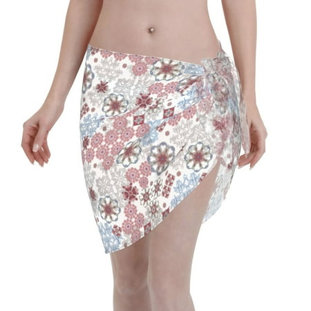 Qekee Abstract Floral Women s Short Sarongs Cover Ups Sheer Bikini Wraps for Swimwear