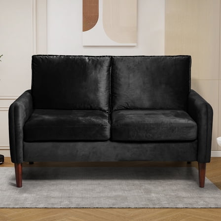 54" Loveseat Sofa, Velvet Small Love Seat Couches for Living Room, Loveseat for Small Spaces, Small Couch for Bedroom Apartment Office, Mid-Century Modern Sofa with Throw Pillow, Black