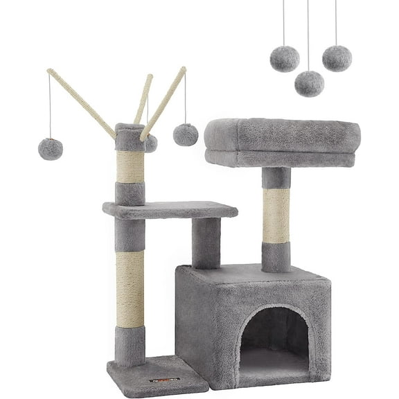 Feandrea Árbol para Gatos, Condominio Pequeño para Gatos, 72 cm, 3 Pompones, Gris Claro