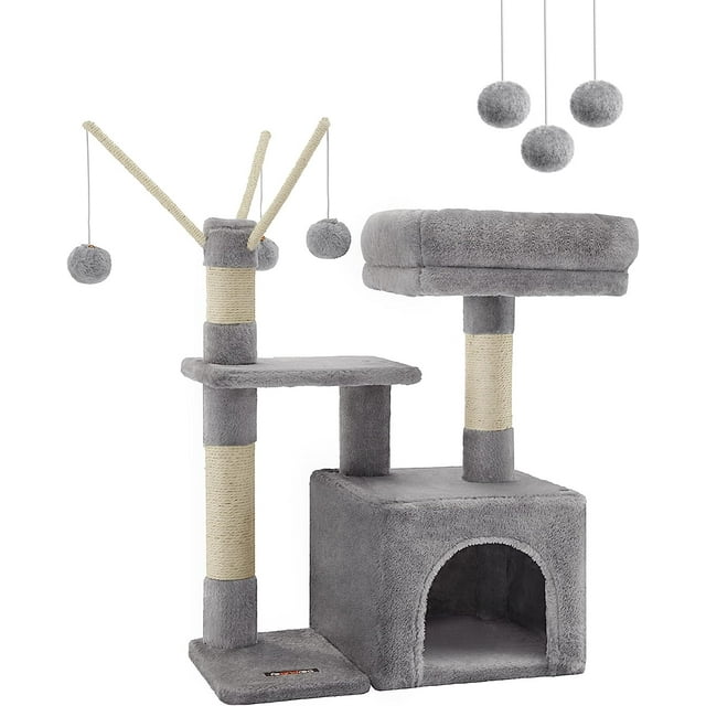 Feandrea Árbol para Gatos, Condominio Pequeño para Gatos, 72 cm, 3 Pompones, Gris Claro