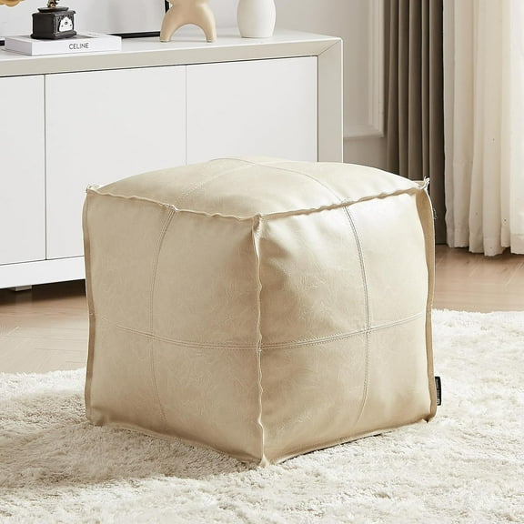 Square Pouf Ottoman Cover Leather Unstuffed Handmade Faux PU Foot Stool Storage Ottoman 17.7" Grey White Poufs Foot Rest for Living Room Floor Chair Christmas Decorations Gift (ONLY Cover)