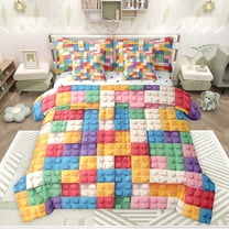 jejeloiu 3D Games 7-Piece Twin Bedding Sets,Building Blocks Bedding Comforter Set,Colorful Toy Brick Sheet Sets For Boys Girls,Luxury Bedroom Decor Reversible