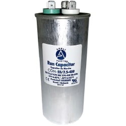 

Appli Parts Dual Run Capacitor 55 + 7.5 Mfd uF (microfarads) 370 VAC or 450 VAC Round CON-55/7.5-450Replaces CAP-55/7.5-450