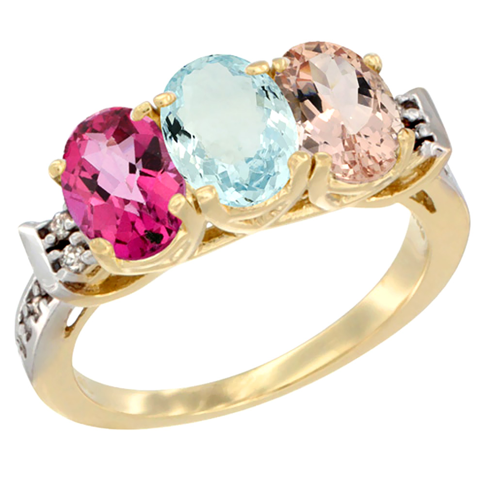 10K Yellow Gold Natural Pink Topaz, Aquamarine & Morganite Ring 3-Stone Oval 7x5 mm Diamond Accent, sizes 5 10 by WorldJewels