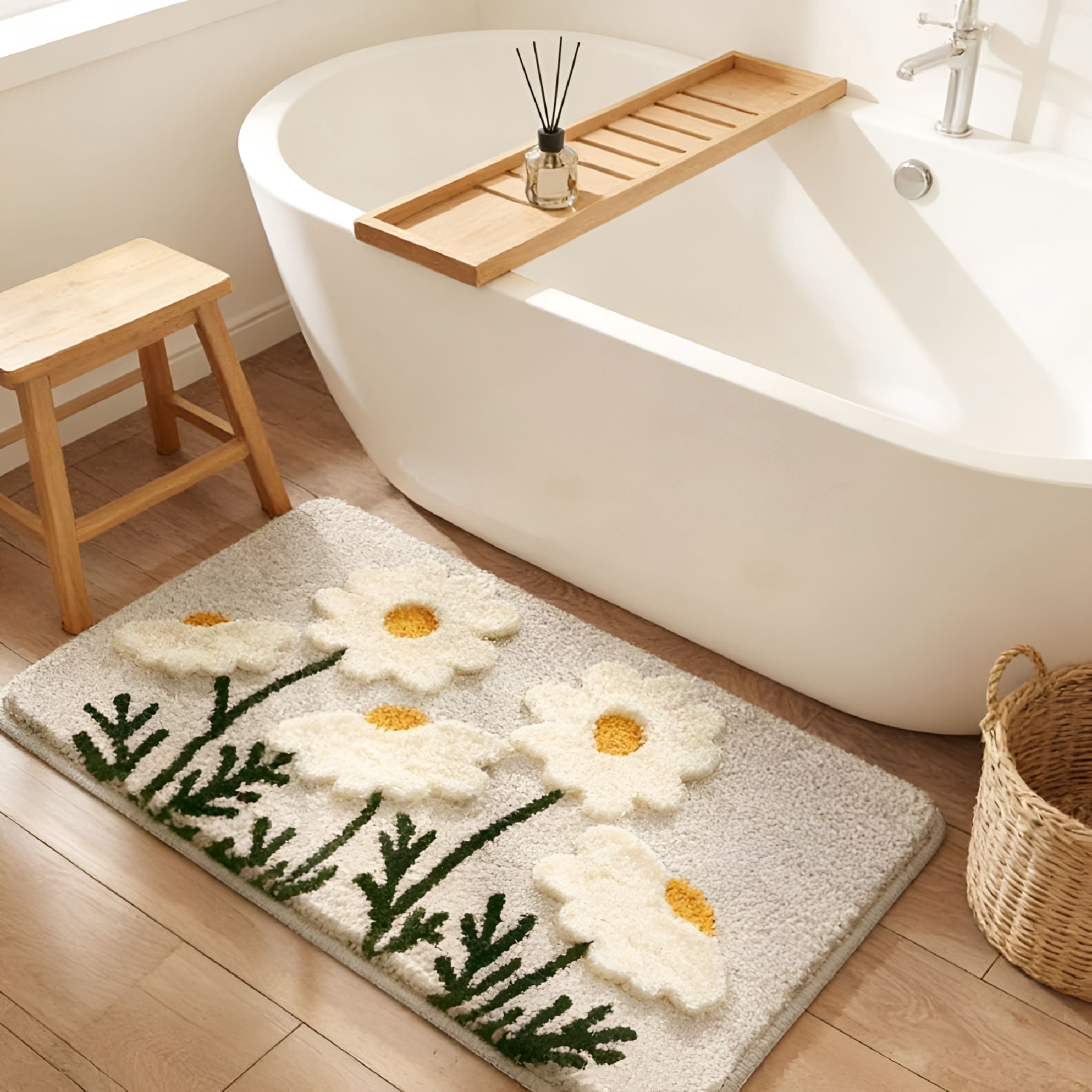 RLESO Fluffy Absorbent Flower Bathroom Rug Washable,32"X 20"Bath Mat for Bathroom Non Slip,Soft Tufted Rug Flower Bath Mat Home Decor,White Flowers