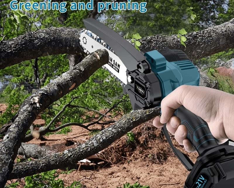 6-inch cordless mini chainsaw, equipped with a 2.0Ahh rechargeable lithium-ion battery - a compact electric handheld saw suitable for trimming branches and wood in