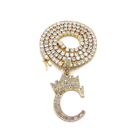 iJewelry2 Kings and Queens Crowned Initial Letter C Pendant Gold-tone CZ Tennis Chain Necklace 18''