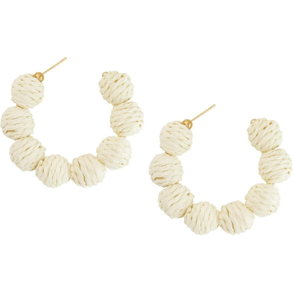 Boho Raffia Open Hoop Earrings, Rattan Beaded Earrings, Vintage Bohemian Hippie Summer Statement Jewelry Gift for Women