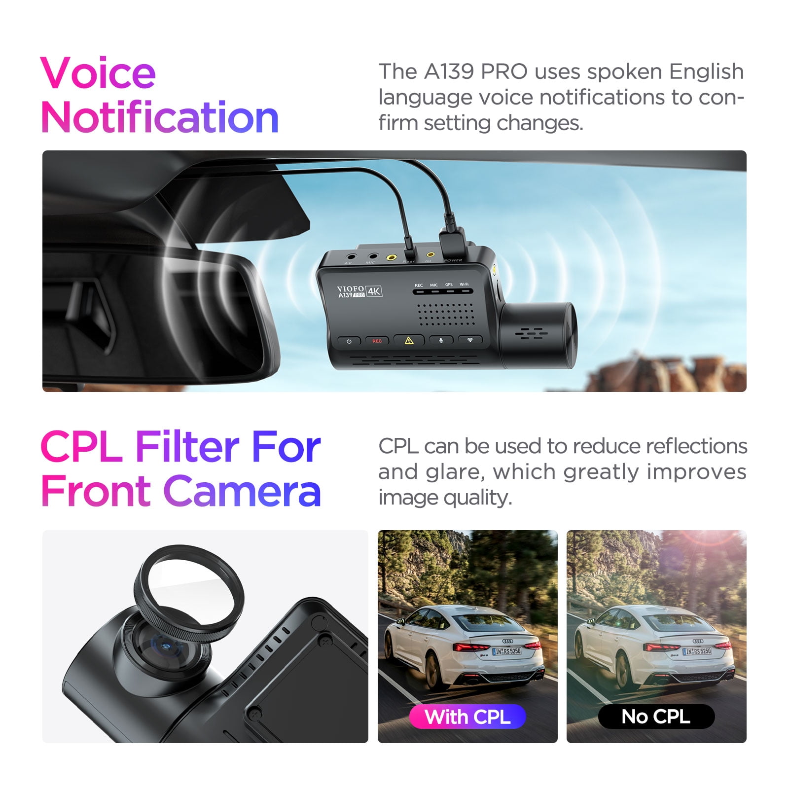 SHOP VIOFO A139 2CH Dual Channel 2k Front & Rear Dashcam W/ WiFi & GPS