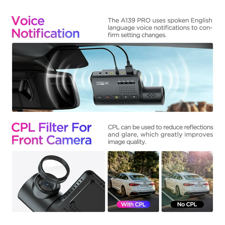VIOFO 4K HDR Dash Cam Front and Rear A139 Pro 2CH, STARVIS 2 IMX678 Sensor,  Superb Night Vision, Ultra HD 4K + 1080P Dashcam for Car, 5GHz WiFi GPS,  24H Parking Mode