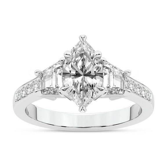 IGI Certified 2 Carat Marquise Shape Lab Grown Diamond Engagement Ring | 14K White Gold | Daria Trapezoid Three Stone Diamond Ring | FG-VS1-VS2 Quality Friendly Diamonds