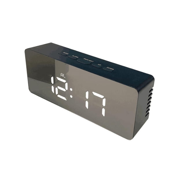 Ounissouiy TS-S69 Reloj despertador con espejo 12/24 horas LED Reloj despertador eléctrico Reloj despertador rectangular multifuncional con brillos Electrodomésticos Luz blanca de concha negra Ounissouiy HA027442-01