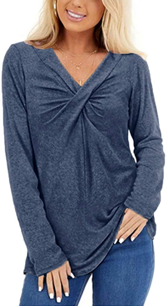 Women's Fall Shirts V Neck Long Sleeve Tops Cross Knot Casual Tunic