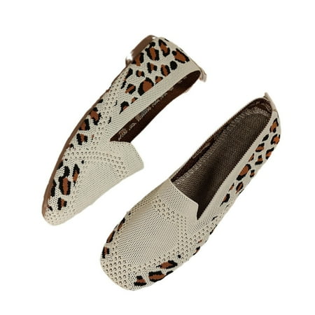KIJBLAE Women s Leopard Print Knitted Slip On Flats Breathable Shoes Comfortable Lightweight Sneakers Khaki 35