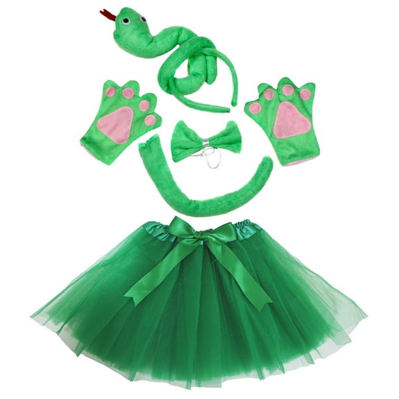 Petitebelle Cutie Snake Headband Bowtie Tail Gloves Tutu 5pc Costume (Green, 1-5 Years)