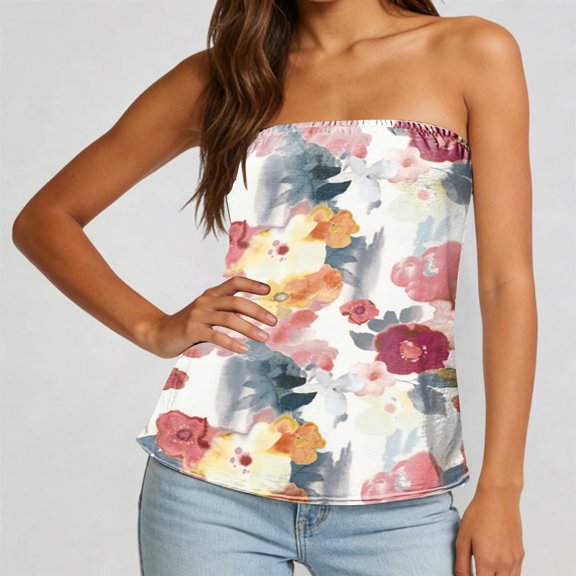 Women's Tennis Tanks Casual Summer Sleeveless Top for Women Printed Strapless Bandeau Tank Tops Lightweight Loose Holiday Blouse Yellow M
