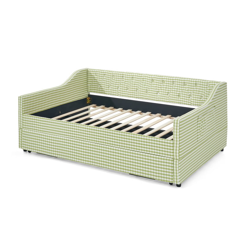 Full Size Daybed with Pop Up Trundle, Gingham Upholstered Daybed Frame with Tufted Button Backrest and Side Storage Pocket, Modern Sofa Bed for Living Room Bedroom