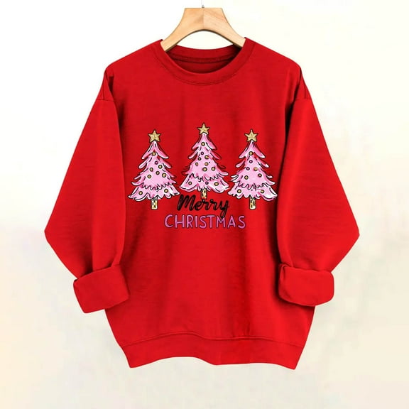 HOMBOM Womens Christmas Sweatshirts Winter Merry Festive Crewneck Pink Xmas Sweatshirt for Ladies Graphic