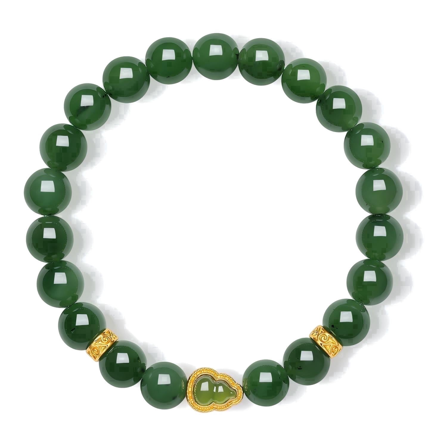 ZHOU LIU FU 24K Solid Gold Gourd 8mm Round Jade Bracelet for Women - Dainty Hulu Feng Shui Jewelry for Her 6.7in